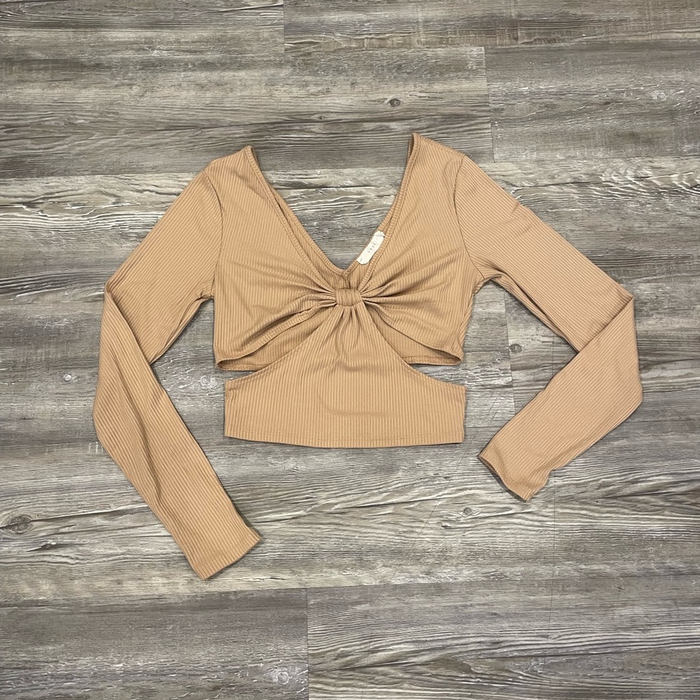 Going out top - Women's Tan Long Sleeve Twist Front Top